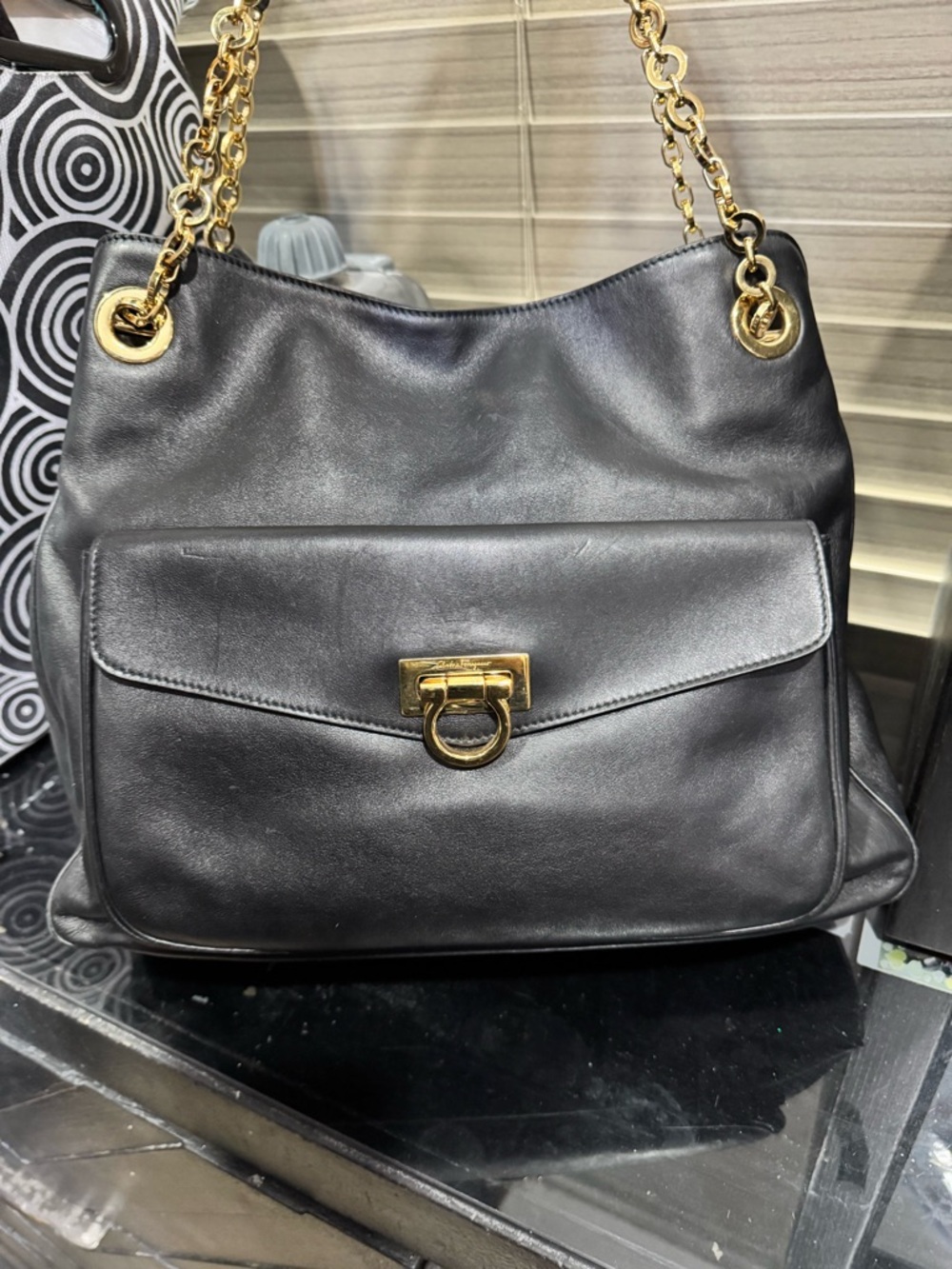 Salvatore Ferragamo Black Leather Shoulder Bag with Gold Chain